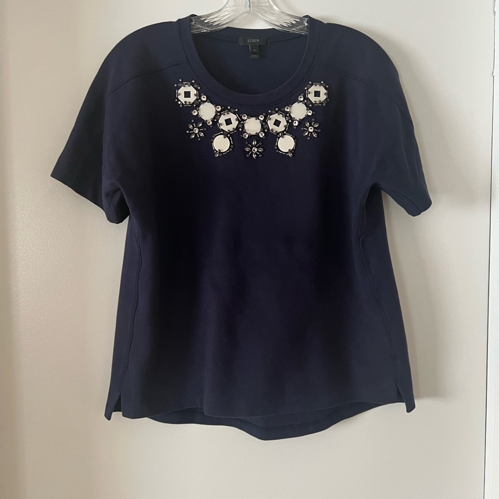 EUC J. Crew Women’s Navy Short Sleeve Sweatshirt Top with Embellishments 💅🏼